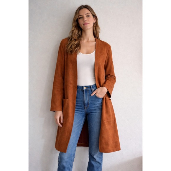 Anthropologie Sweaters - Anthropologie Solitaire Faux Suede Trench Cardigan Jacket Brown Womens Small